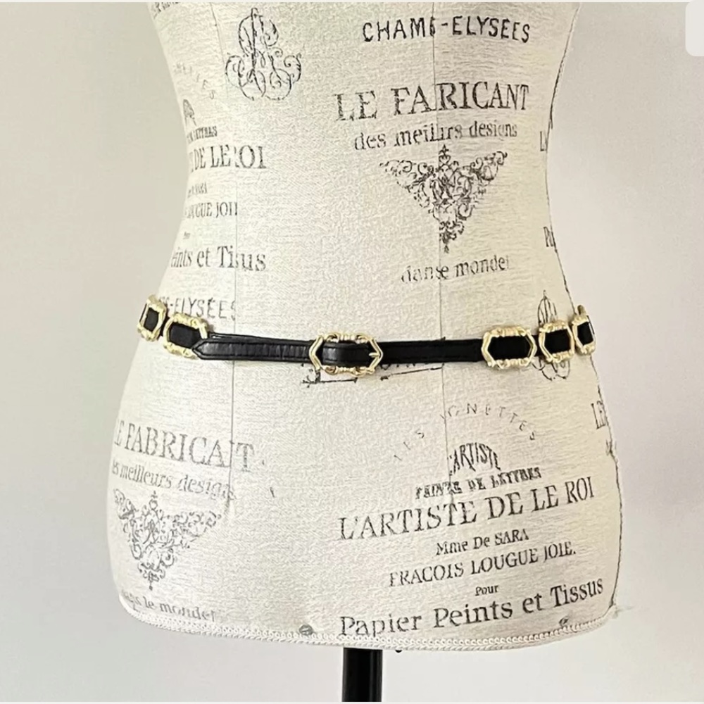 Black Skinny Belt with Gold Filigree Accents Size Medium